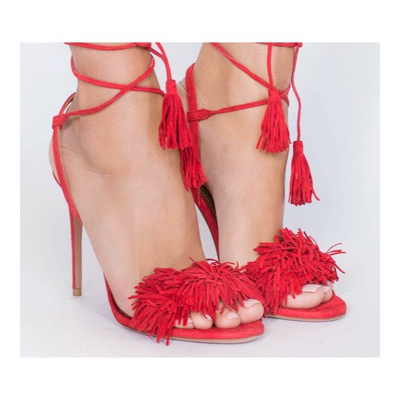 Aquazzura Shoes - AQUAZZURA Wild Thing Red Fringe Suede Sandals Wrap Around Tie Tassel